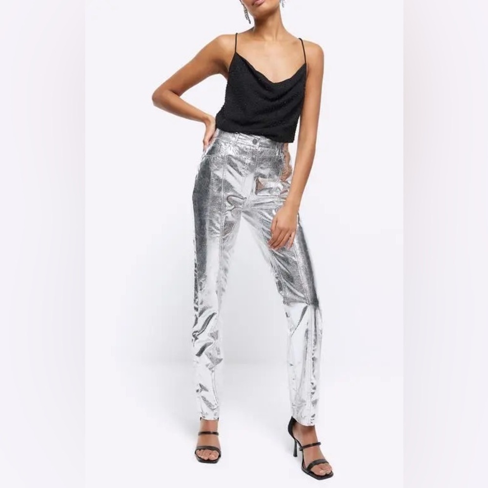 River Island Metallic Snakeskin Embossed Faux Leather Pants - silver - size 12